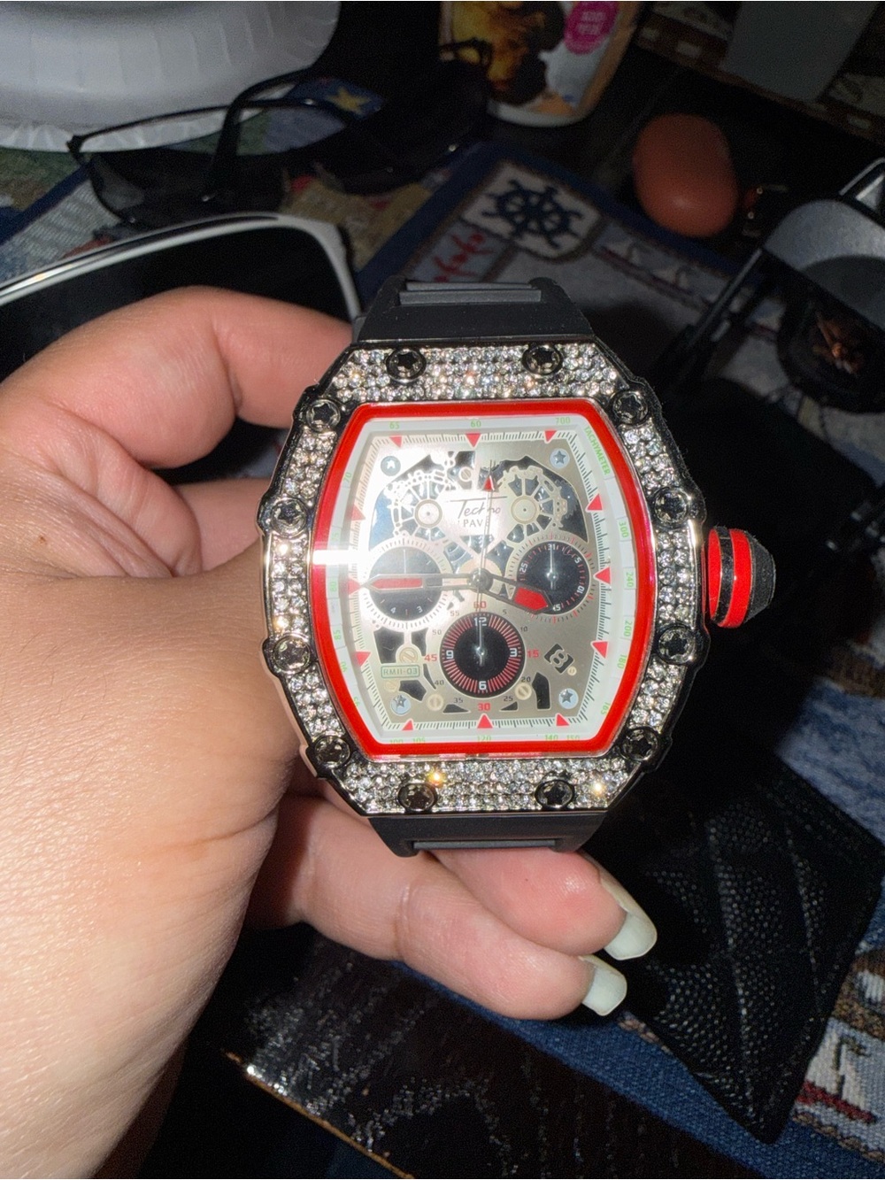 Fashion Nova Black and Red Crystal-Embellished Men's Chronograph Watch
